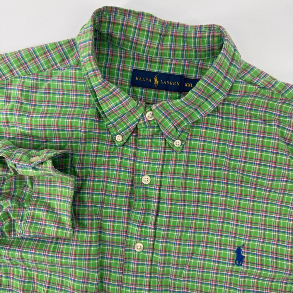 Ralph Lauren Button Down Shirt Mens XXL Green Plaid Long Sleeve Cotton Logo